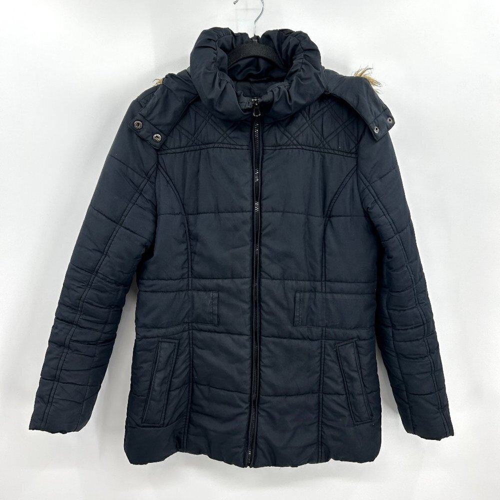 HARVE BENARD Black Puffer Full Zip Faux Fur Hood Trim Outdoor Jacket Size Medium